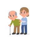 A woman take care elder man or nurse look after retired man at nursing home illustration vector cartoon character design on white