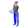 Woman take courier parcel icon, isometric style