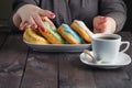 Woman take donuts and hold message eat me Royalty Free Stock Photo