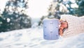 Woman take in hand cup of hot drink. Winter forest glade, bright sunnyday scene Royalty Free Stock Photo