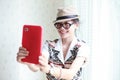Woman take a photo by smart phone tablet