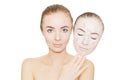 Woman takes away mask with acne and pimples,grey background