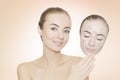 Woman takes away mask with acne and pimples,pink background