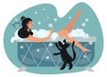 A woman takes a bath in a cozy bathroom with foam bubbles. Girl enjoying spa treatments at home with a black cat. Vector Royalty Free Stock Photo