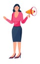 Woman takes megaphone in hands. Megaphone icon vector in flat trendy style.