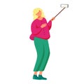 Woman takes phone selfie flat vector illustration