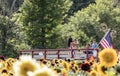 Woman takes photo of kids on cart at the Sussex County Sunflower Maze