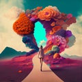 Woman takes a road through a gate of flowers, positive optimistic attitude, hope and emotion concept, generative AI