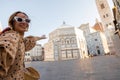 Woman traveling Italy, visiting famous Duomo cathedral in Florence Royalty Free Stock Photo