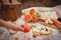 Woman taking apple from blanket with snacks and wine outdoors, closeup. Autumn picnic Royalty Free Stock Photo