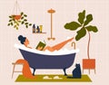 Woman taking bath in home bathroom. Female with book relaxing in bathtub water with soap foam, bubbles. Beauty and body