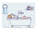 Woman taking bath and sing in shower. Cartoon relaxed happy girl enjoy washing in bathroom Royalty Free Stock Photo