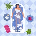 Woman taking a bath, top view. Relaxing girl in bathroom. Contented relaxed woman smiles while lying in the bath. Flat style