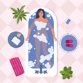 Woman taking a bath, top view. Relaxing girl in bathroom. Contented relaxed woman smiles while lying in the bath. Flat style