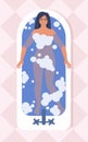 Woman taking a bath, top view. Relaxing girl in bathroom. Contented relaxed woman smiles while lying in the bath. Flat style