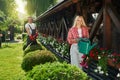 Woman taking care of flowers while man trimming bushes Royalty Free Stock Photo