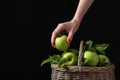 Woman taking fresh ripe green apple out of wicker basket against black background, closeup. Space for text Royalty Free Stock Photo