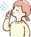 Woman taking hay fever remedy, nasal spray illustration