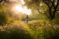 Woman taking leisurely stroll through sun-dappled meadow. Generative AI