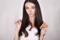 Woman Taking Medicine. Beautiful Girl With Pill Pack With Pills Royalty Free Stock Photo
