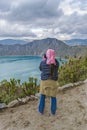 Woman Taking Photo Quilotoa Lake Ecuador Royalty Free Stock Photo