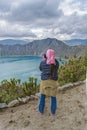 Woman Taking Photo Quilotoa Lake Ecuador Royalty Free Stock Photo