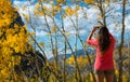 Woman Taking Picture of aspen tree, sunny autumn day Colorado Royalty Free Stock Photo