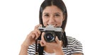 Woman taking pictures posing smiling happy using cool retro and vintage photo camera