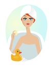 woman taking a relaxing bath with rubber duck