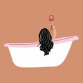 Woman taking a relaxing bubble bath and drinking red wine, side view. Royalty Free Stock Photo
