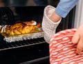 Woman taking roast chicken oven tasty food Royalty Free Stock Photo