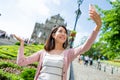 Woman taking self image with Saint Paul's Cathedral in Macau Royalty Free Stock Photo