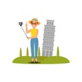 Woman taking selfie in front of Leaning Tower of Pisa. Vacation in Italy. Colorful flat vector illustration Royalty Free Stock Photo