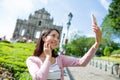 Woman taking selfie with mobile phone in St. Paul`s Church Royalty Free Stock Photo