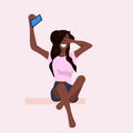 Woman taking selfie photo on smartphone camera casual african american female cartoon character sitting with closed eye