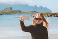 Woman taking selfie photo by smartphone travel blogging influencer lifestyle Royalty Free Stock Photo