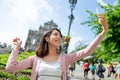 Woman taking selfie with Saint Paul's Cathedral in Macau Royalty Free Stock Photo