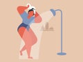 Woman taking shower. Cool vector flat design illustration on daily routine with confident adult female character covered