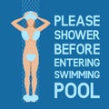 Woman taking shower . Sign please take shower before the swimming pool Royalty Free Stock Photo