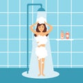 Woman taking shower and washing hair in bathroom concept vector illustration.
