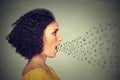 Woman talking with alphabet letters coming out of her mouth. Communication intelligence concept Royalty Free Stock Photo