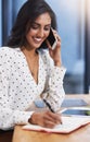 Woman, talking on cellphone and smile in office for career, company planning and project management with diary and Royalty Free Stock Photo