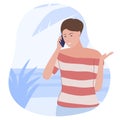 Woman talking smartphone at sea beach tropical resort vector flat illustration