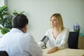 Woman talking to doctor psychiatrist in hospital