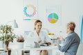 Woman talking to a female doctor at a diet consultation in a privet clinic