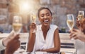 Woman talking for toast with celebration champagne at party with friends, wine for success at restaurant and drinks at