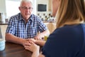 Woman Talking With Unhappy Senior Man Sitting In Kitchen At Home