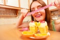 Woman with tape measure and cake. Diet dilemma. Royalty Free Stock Photo