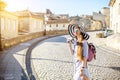 Woman tarveling in Saint Emilion village, France Royalty Free Stock Photo