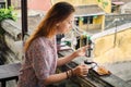 Woman tastes vietnamese coffee Royalty Free Stock Photo